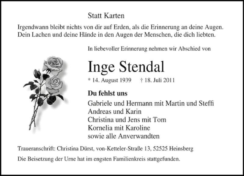  Traueranzeige für Inge Stendal vom 23.07.2011 aus Ostsee-Zeitung