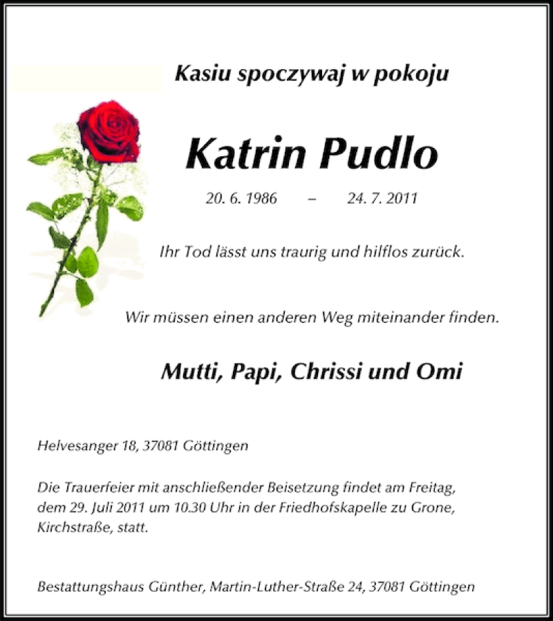  Traueranzeige für Katrin Pudlo vom 27.07.2011 aus Göttinger Tageblatt