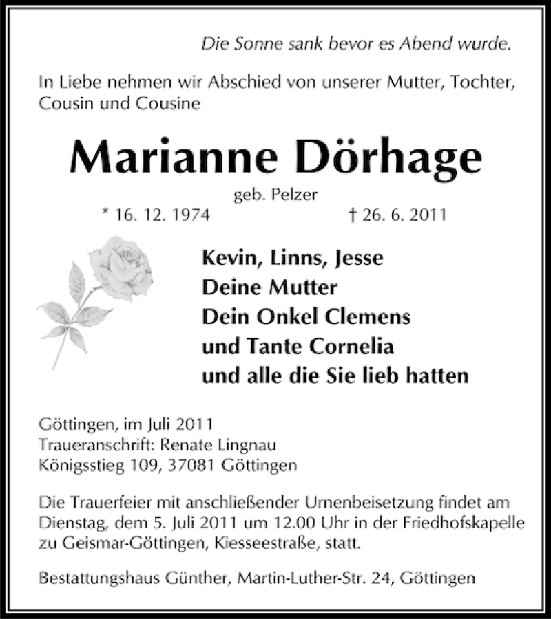  Traueranzeige für Marianne Dörhage vom 02.07.2011 aus Göttinger Tageblatt