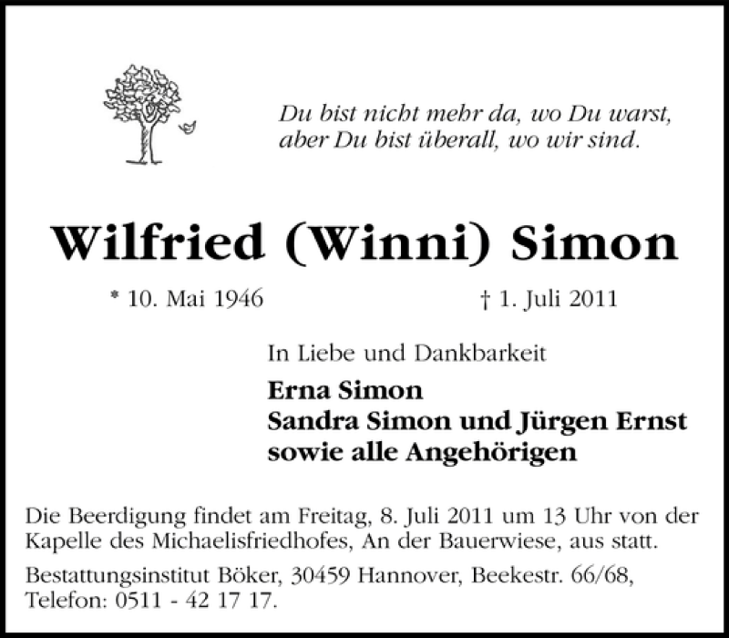  Traueranzeige für Wilfried Winni Simon vom 05.07.2011 aus HAZ/NP