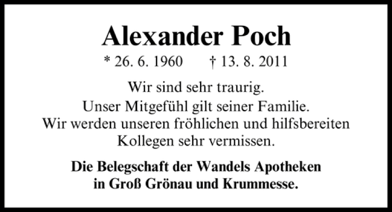  Traueranzeige für Alexander Poch vom 21.08.2011 aus Lübecker Nachrichten
