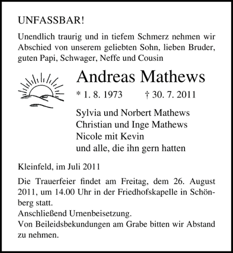  Traueranzeige für Andreas Mathews vom 23.08.2011 aus Ostsee-Zeitung