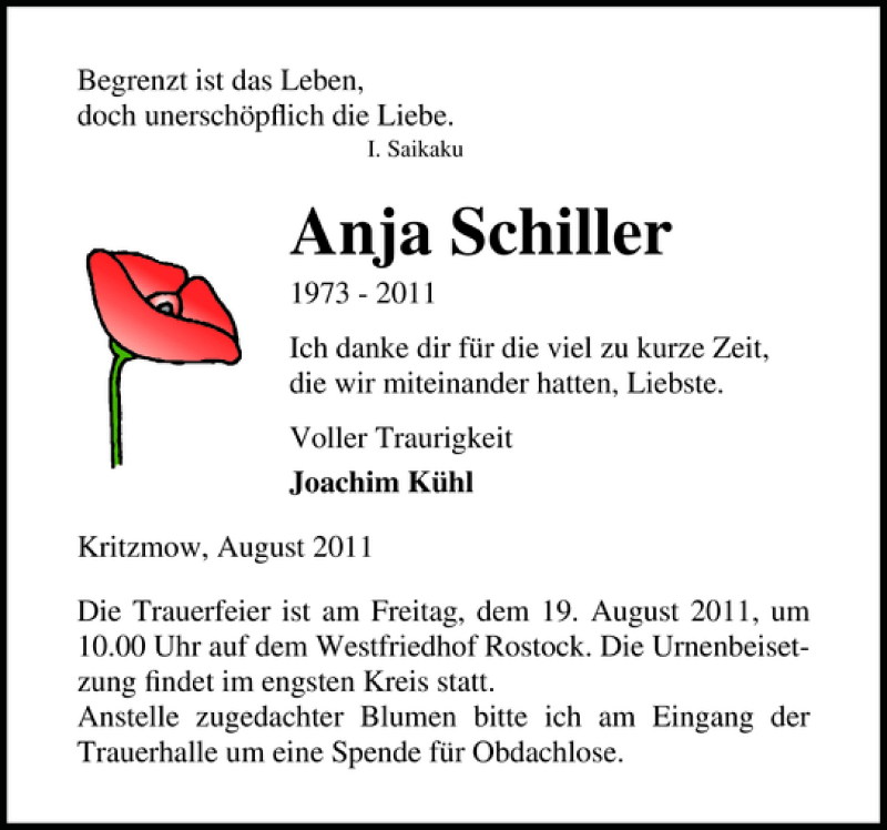  Traueranzeige für Anja Schiller vom 13.08.2011 aus Ostsee-Zeitung
