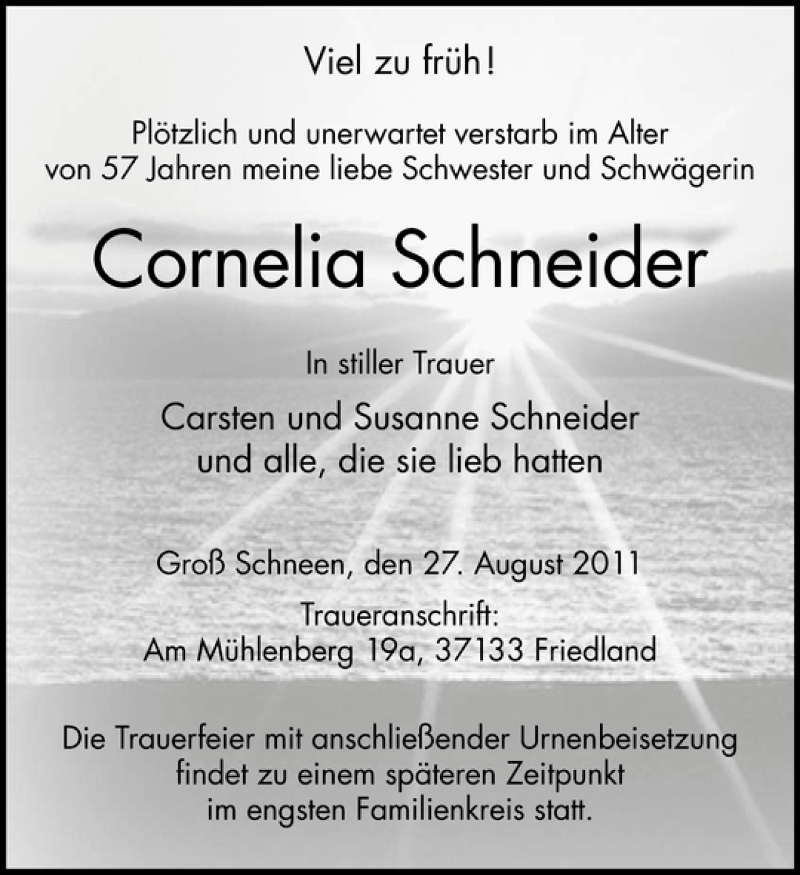 Traueranzeige für Cornelia Schneider vom 27.08.2011 aus Göttinger Tageblatt