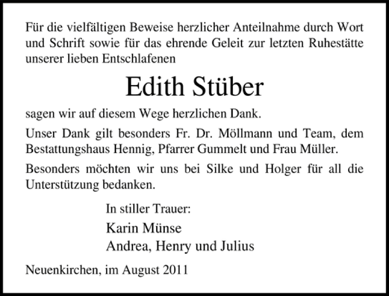  Traueranzeige für Edith Stüber vom 27.08.2011 aus Ostsee-Zeitung