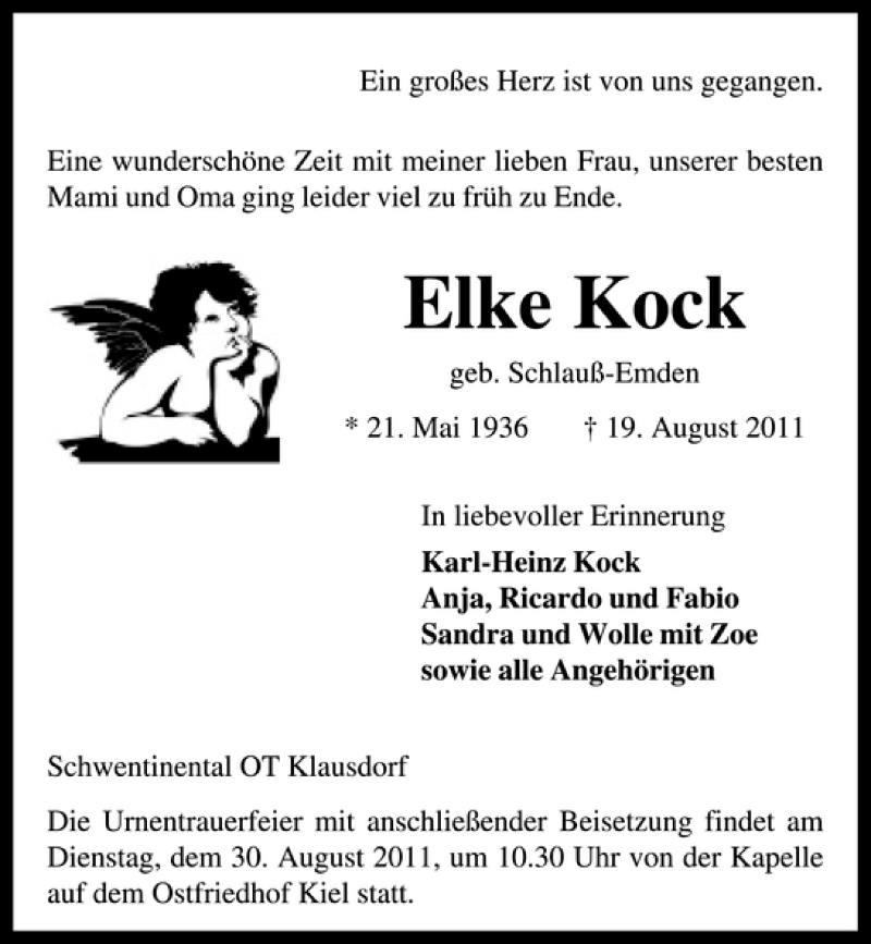  Traueranzeige für Elke Kock vom 27.08.2011 aus Kieler Nachrichten / Segeberger Zeitung