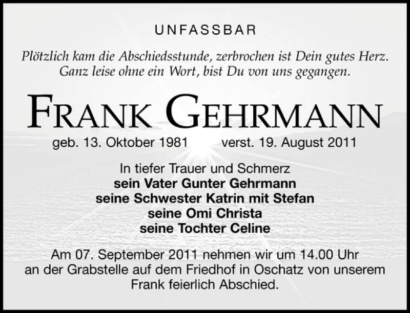  Traueranzeige für FRANK GEHRMANN vom 27.08.2011 aus Leipziger Volkszeitung