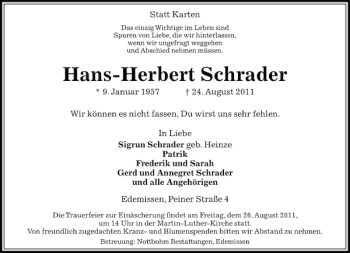 Traueranzeige von Hans-Herbert Schrader von Peiner Allgemeine Zeitung