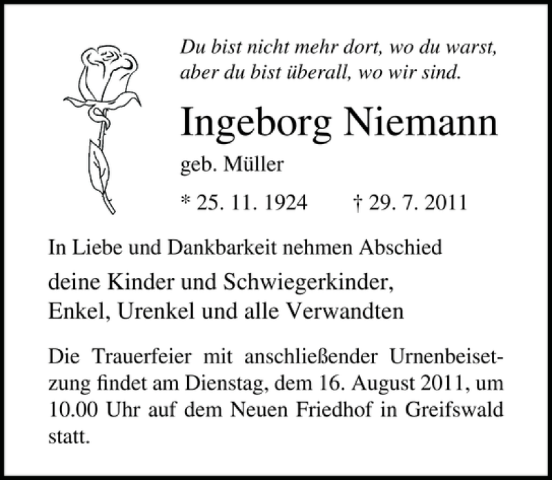  Traueranzeige für Ingeborg Niemann vom 06.08.2011 aus Ostsee-Zeitung