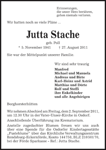 Traueranzeige von Jutta Stache von Kieler Nachrichten / Segeberger Zeitung