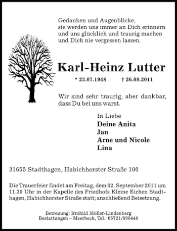 Traueranzeige von Karl-Heinz Lutter von Schaumburger Nachrichten