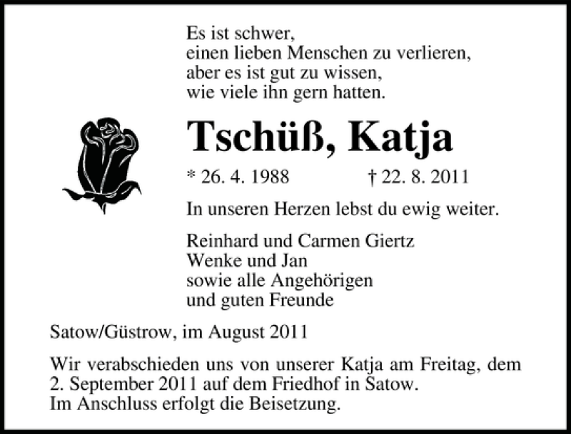  Traueranzeige für Katja  vom 27.08.2011 aus Ostsee-Zeitung