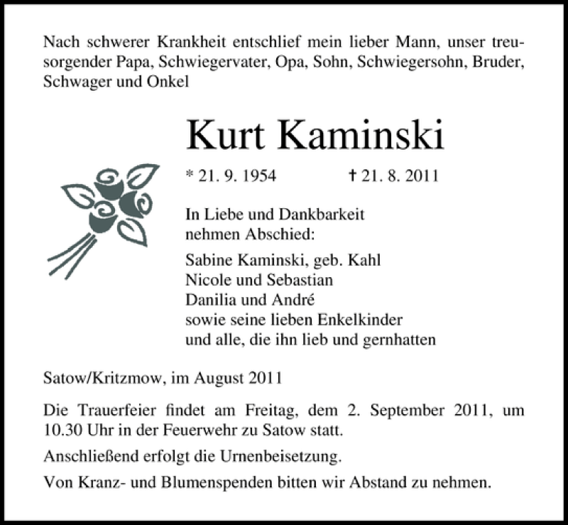  Traueranzeige für Kurt Kaminski vom 27.08.2011 aus Ostsee-Zeitung