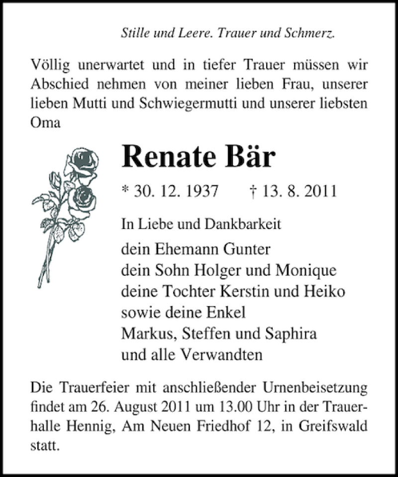  Traueranzeige für Renate Bär vom 20.08.2011 aus Ostsee-Zeitung