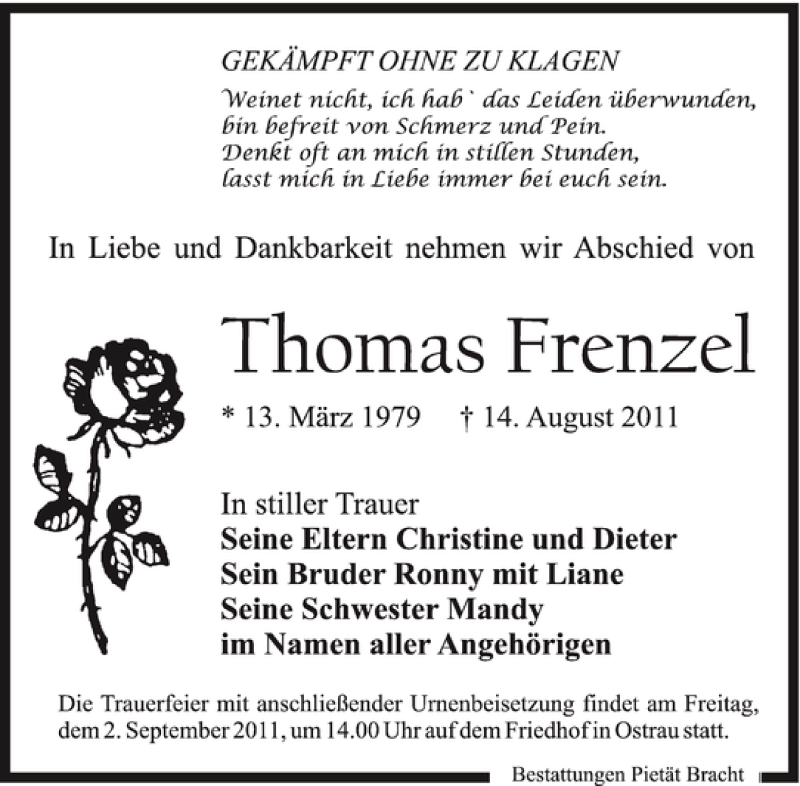  Traueranzeige für Thomas Frenzel vom 20.08.2011 aus Leipziger Volkszeitung