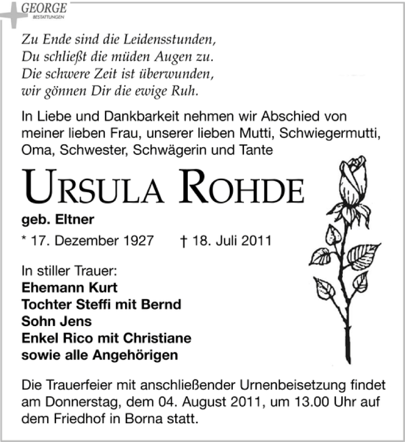  Traueranzeige für Ursula Rohde vom 02.08.2011 aus Leipziger Volkszeitung