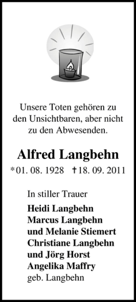  Traueranzeige für Alfred Langbehn vom 25.09.2011 aus Lübecker Nachrichten