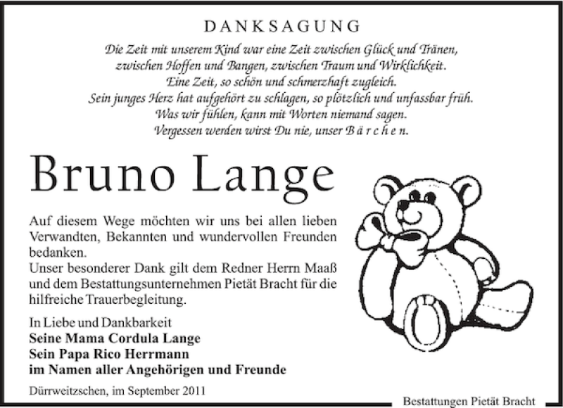  Traueranzeige für Bruno Lange vom 03.09.2011 aus Leipziger Volkszeitung