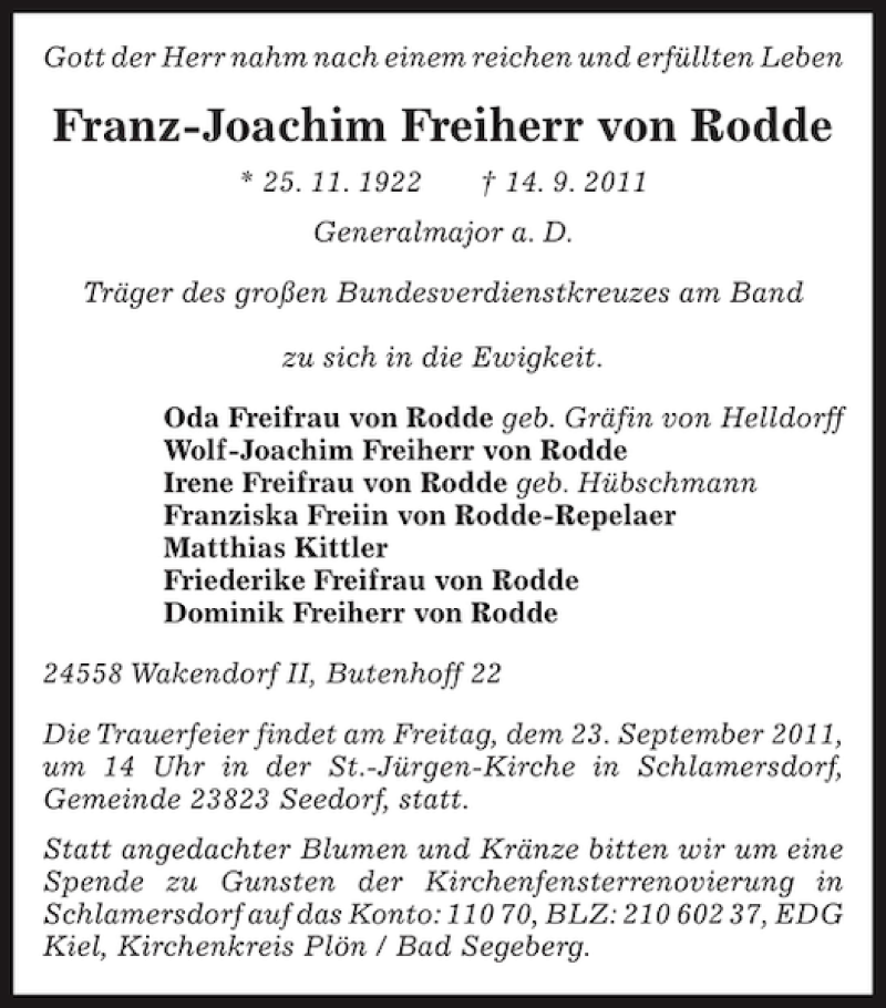  Traueranzeige für Franz-Joachim Freiherr von Rodde vom 21.09.2011 aus Kieler Nachrichten / Segeberger Zeitung