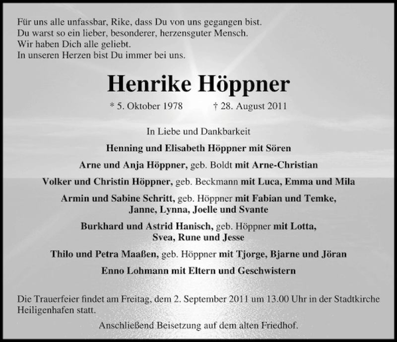  Traueranzeige für Henrike Höppner vom 01.09.2011 aus Lübecker Nachrichten