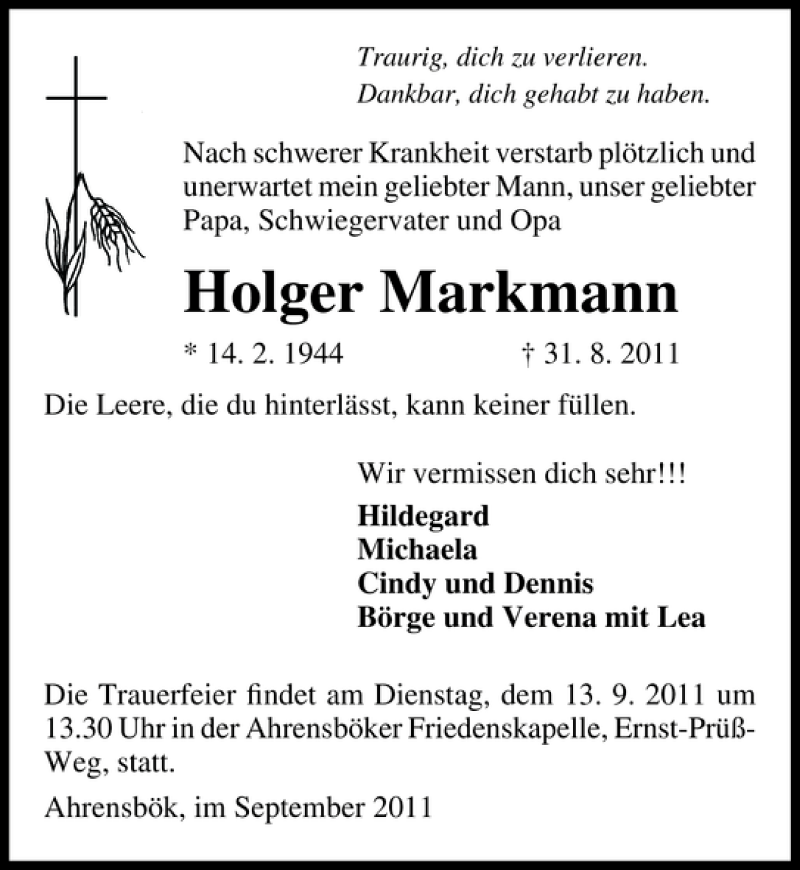  Traueranzeige für Holger Markmann vom 10.09.2011 aus Lübecker Nachrichten