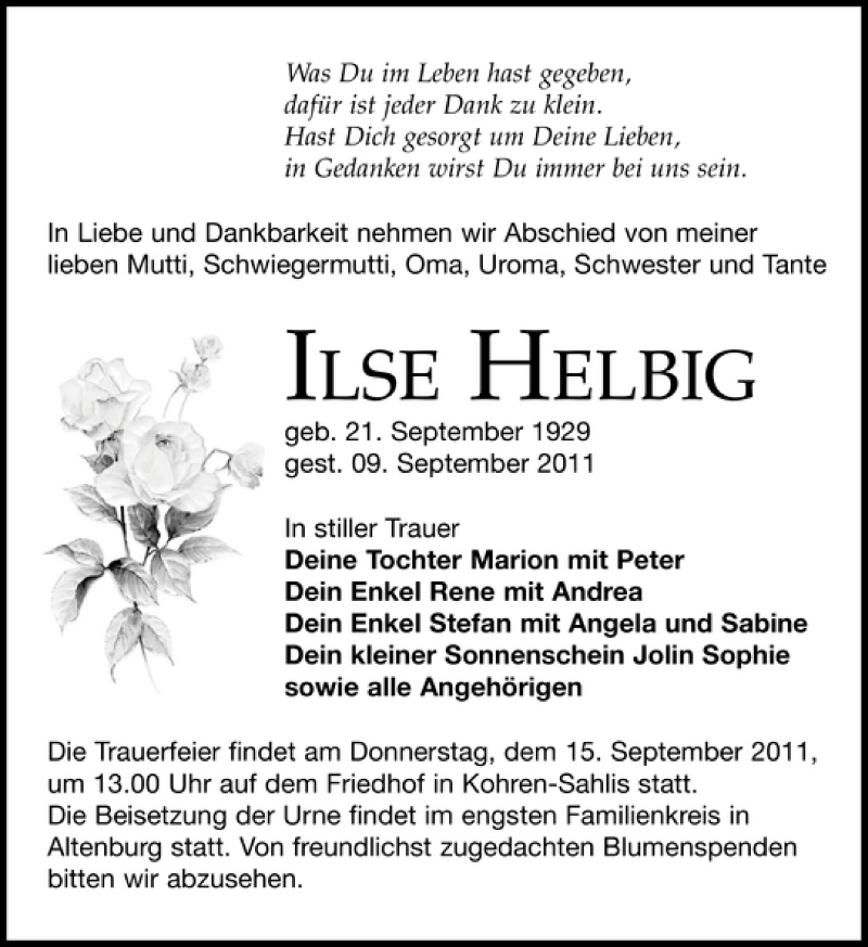  Traueranzeige für ILSE HELBIG vom 13.09.2011 aus Leipziger Volkszeitung