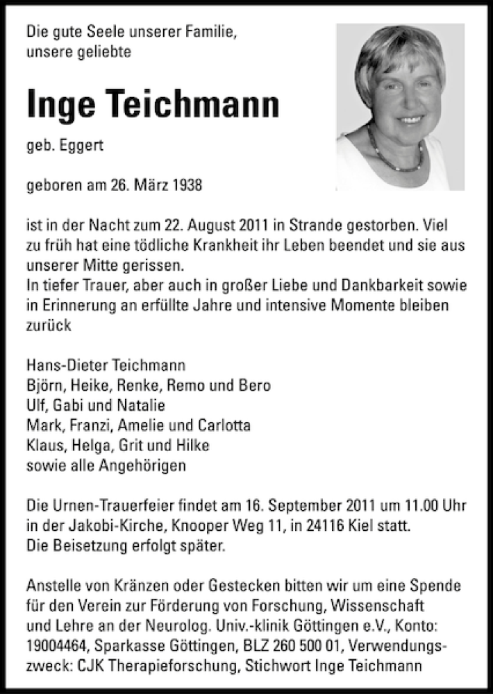  Traueranzeige für Inge Teichmann vom 10.09.2011 aus Kieler Nachrichten / Segeberger Zeitung