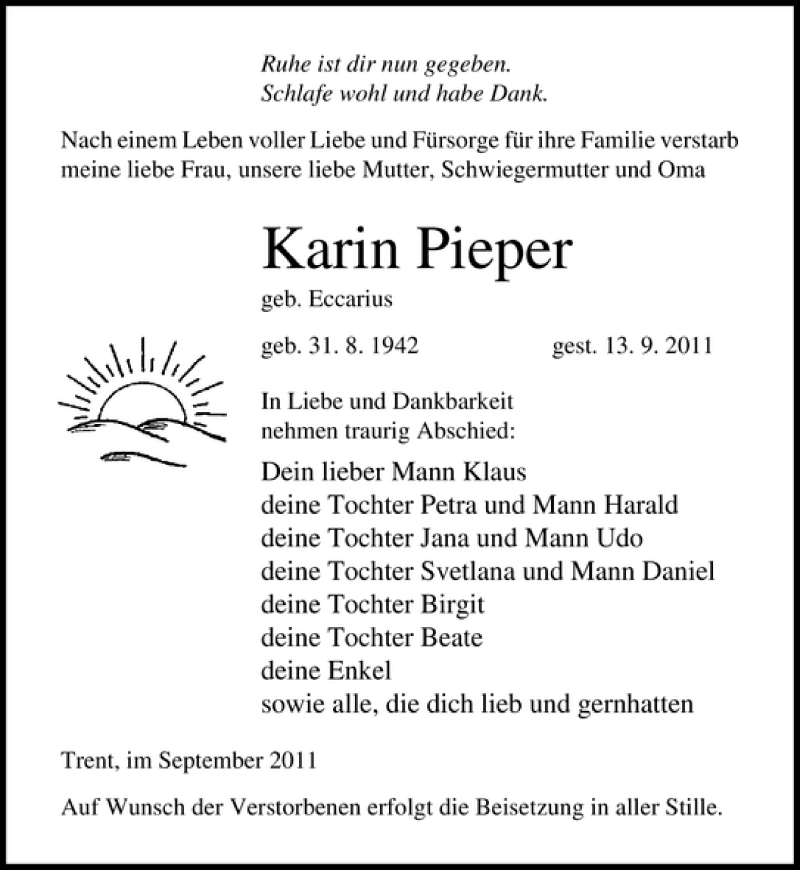  Traueranzeige für Karin Pieper vom 17.09.2011 aus Ostsee-Zeitung