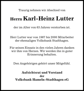 Traueranzeige von Karl-Heinz Lutter von Schaumburger Nachrichten