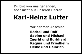 Traueranzeige von Karl-Heinz Lutter von Schaumburger Nachrichten