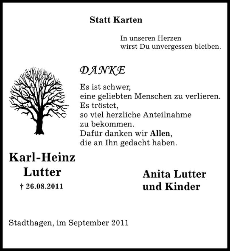  Traueranzeige für Karl-Heinz Lutter vom 23.09.2011 aus Schaumburger Nachrichten