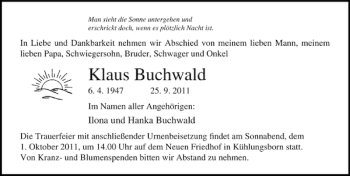 Traueranzeige von Klaus Buchwald von Ostsee-Zeitung