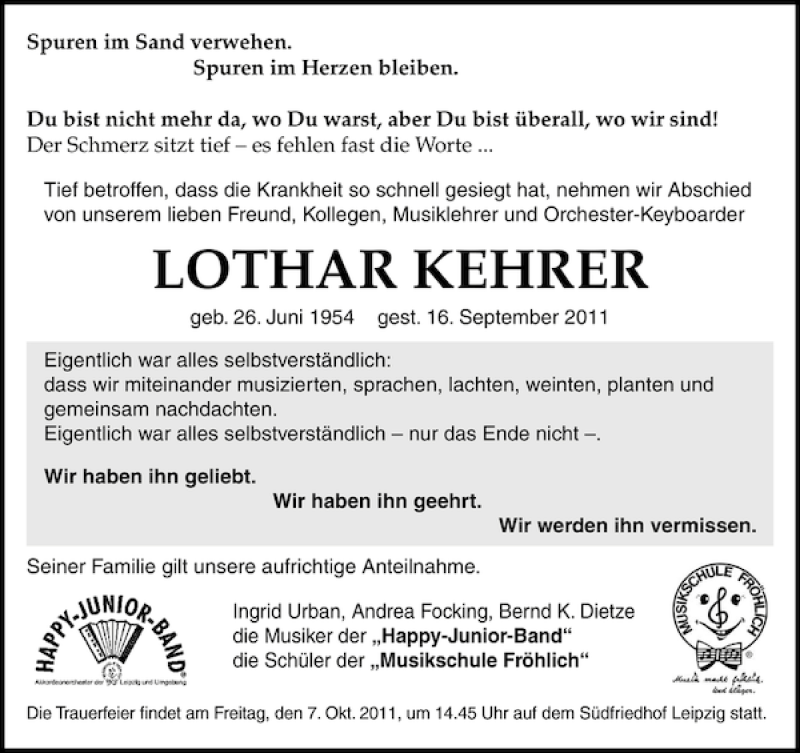  Traueranzeige für LOTHAR KEHRER vom 24.09.2011 aus Leipziger Volkszeitung