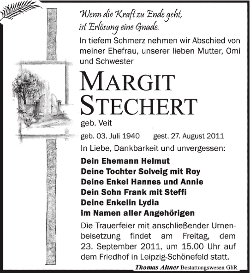  Traueranzeige für MARGIT STECHERT vom 03.09.2011 aus Leipziger Volkszeitung