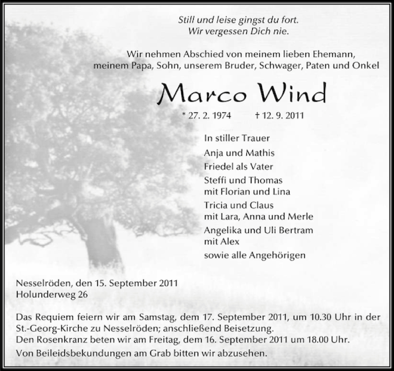  Traueranzeige für Marco Wind vom 15.09.2011 aus Eichsfelder Tageblatt