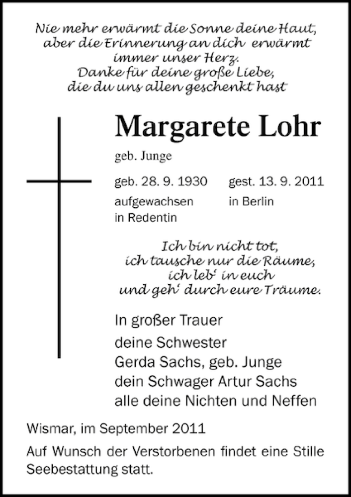  Traueranzeige für Margarete Lohr vom 24.09.2011 aus Ostsee-Zeitung