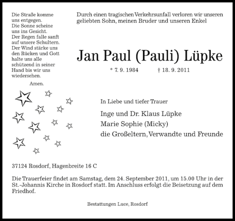  Traueranzeige für Paul Pauli Lüpke vom 21.09.2011 aus Göttinger Tageblatt