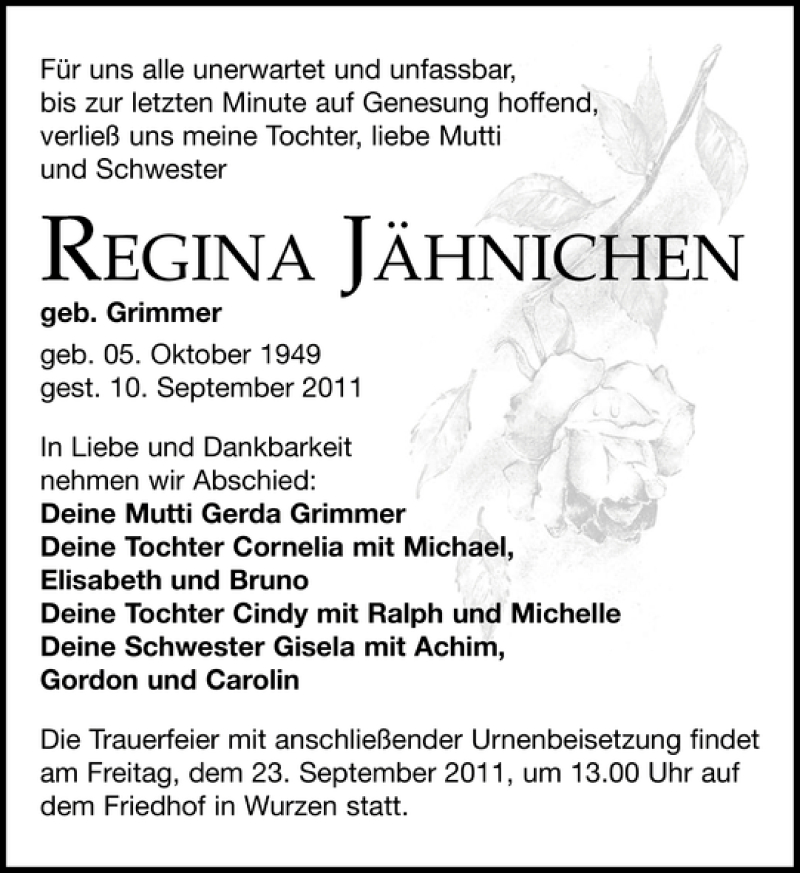  Traueranzeige für REGINA JÄHNICHEN vom 17.09.2011 aus Leipziger Volkszeitung