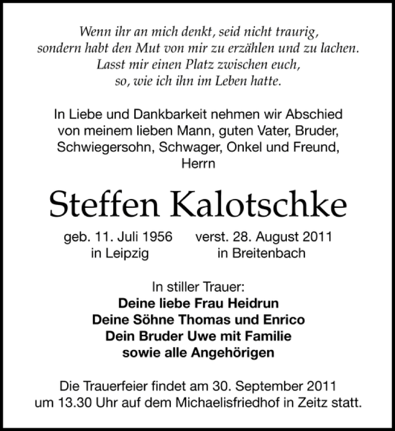  Traueranzeige für Steffen Kalotschke vom 10.09.2011 aus Leipziger Volkszeitung