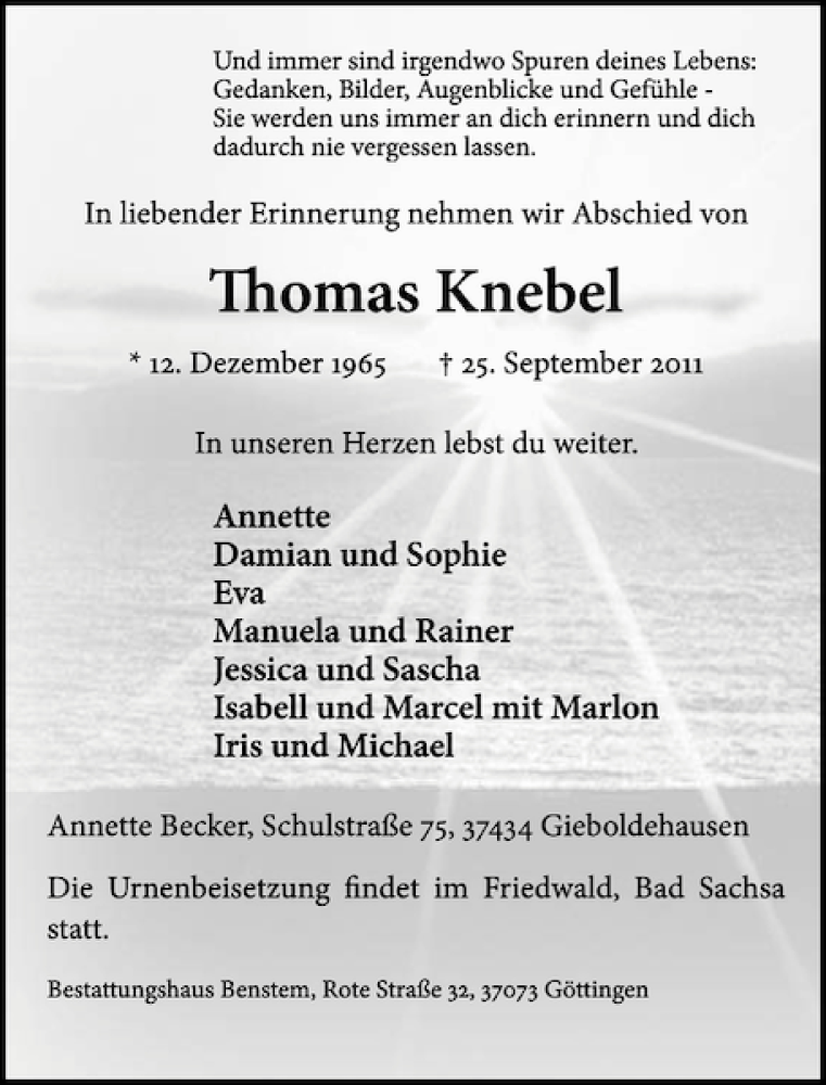 Traueranzeige für Thomas Knebel vom 29.09.2011 aus Göttinger Tageblatt