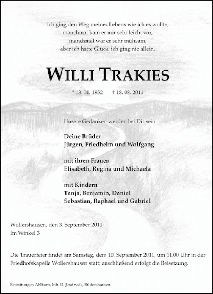  Traueranzeige für Willi Trakies vom 03.09.2011 aus Eichsfelder Tageblatt