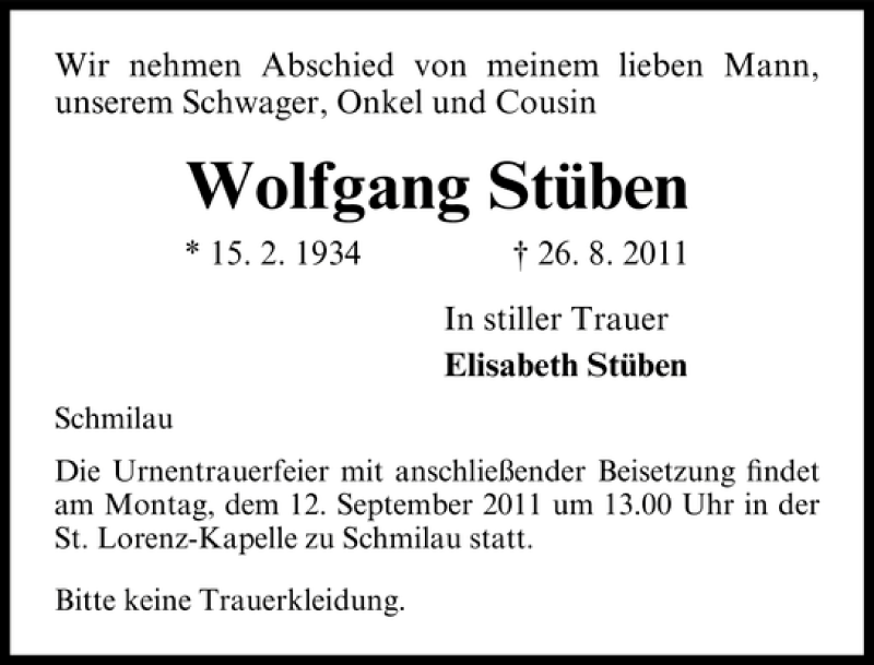  Traueranzeige für Wolfgang Stüben vom 10.09.2011 aus Lübecker Nachrichten