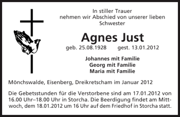 Traueranzeige von Agnes Just von Sächsische Zeitung