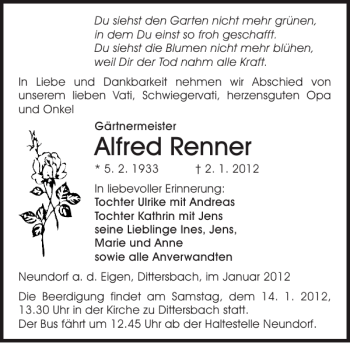 Traueranzeige von Alfred Renner von Sächsische Zeitung