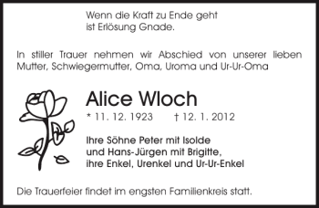 Traueranzeige von Alice Wloch von Sächsische Zeitung