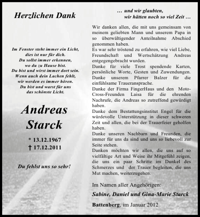 Traueranzeigen von Andreas Starck | trauer-anzeigen.de