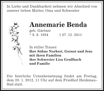 Traueranzeige von Annemarie Benda von Sächsische Zeitung