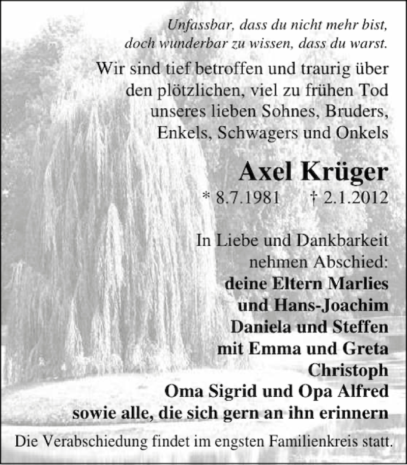  Traueranzeige für Axel Krüger vom 07.01.2012 aus Ostsee-Zeitung