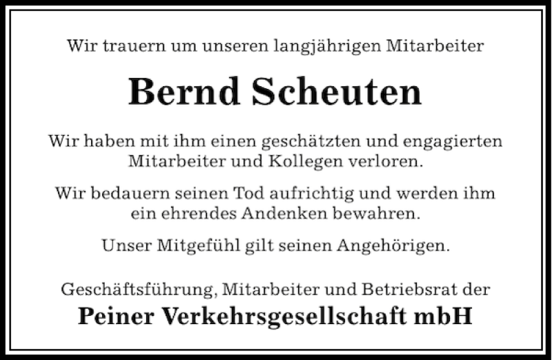  Traueranzeige für Bernd Scheuten vom 10.01.2012 aus Peiner Allgemeine Zeitung