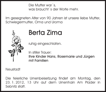 Traueranzeige von Berta Zima von Sächsische Zeitung